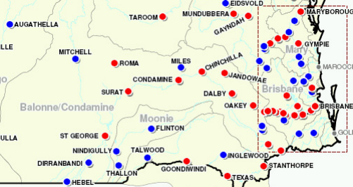 Location map - 2010 Condamine Flood (Red dots - flood inundated towns. Blue dots - flood affected towns)